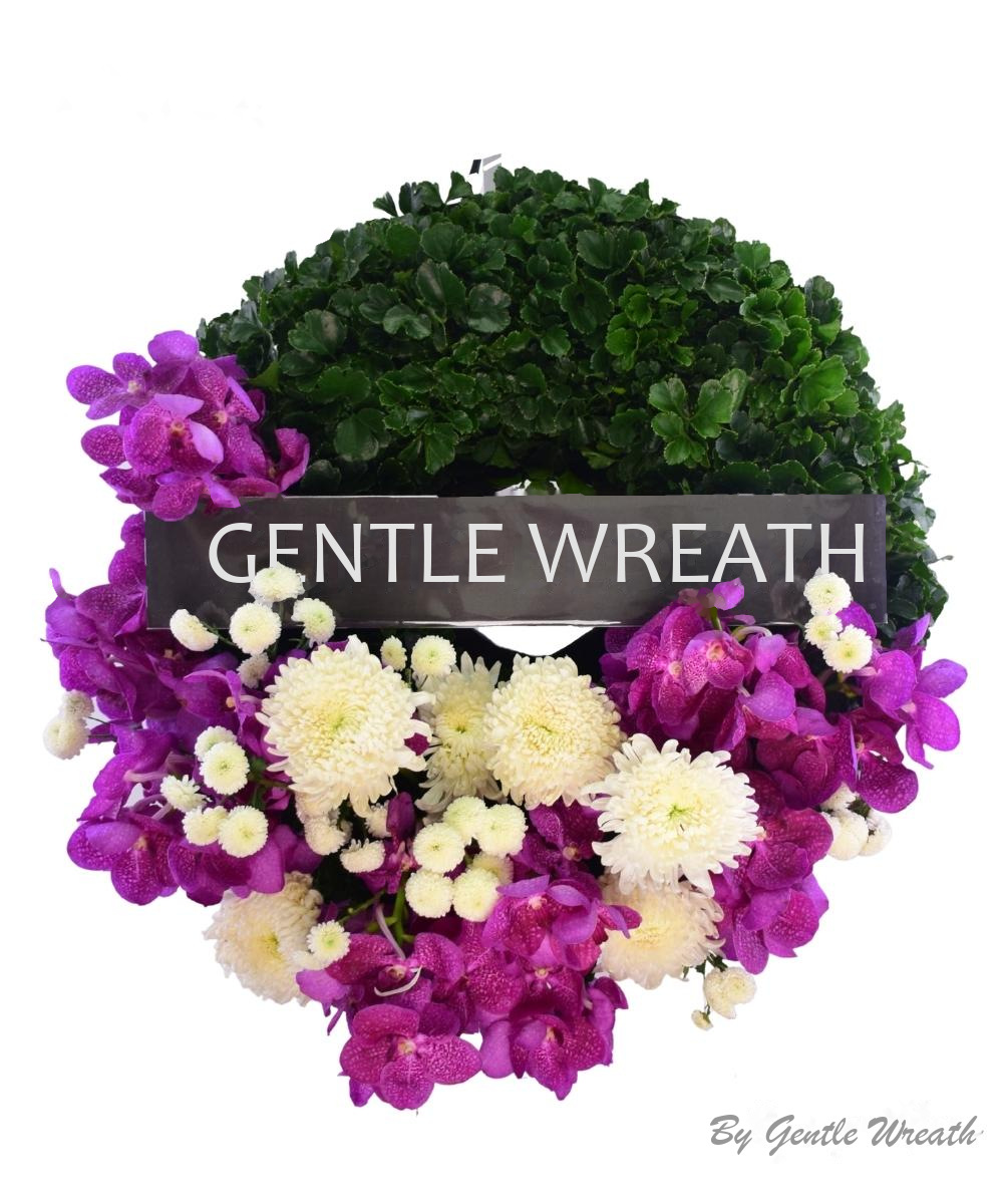 พวงหรีดใบไม้เขียว กล้วยไม้ม่วง GW023