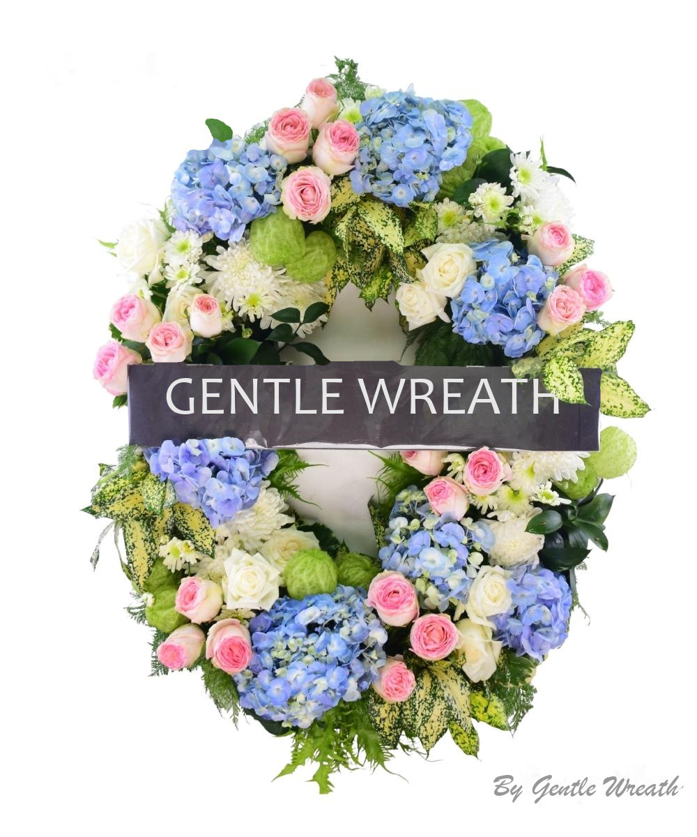 พวงหรีดโทนฟ้าชมพู ไฮเดรนเยีย กุหลาบ GW038