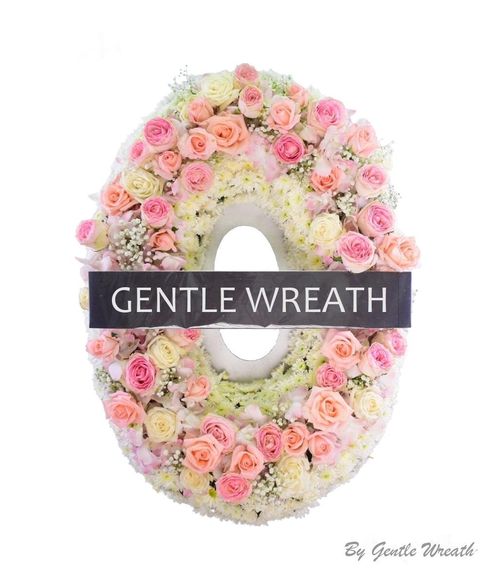 พวงหรีดโทนชมพูอ่อน กุหลาบ ทรงรี GW040