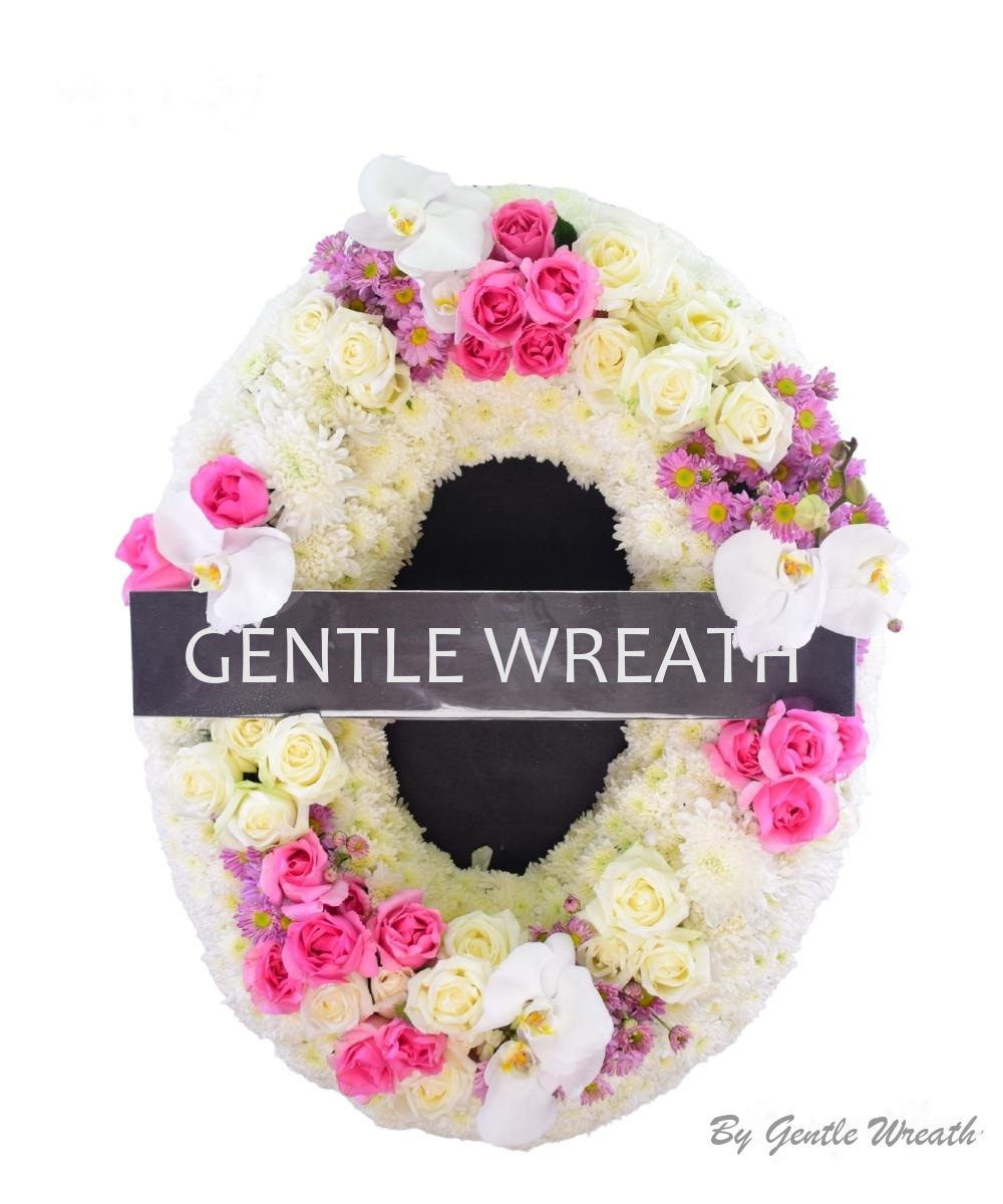 พวงหรีดโทนขาว กุหลาบบานเย็น กล้วยไม้ขาว GW045