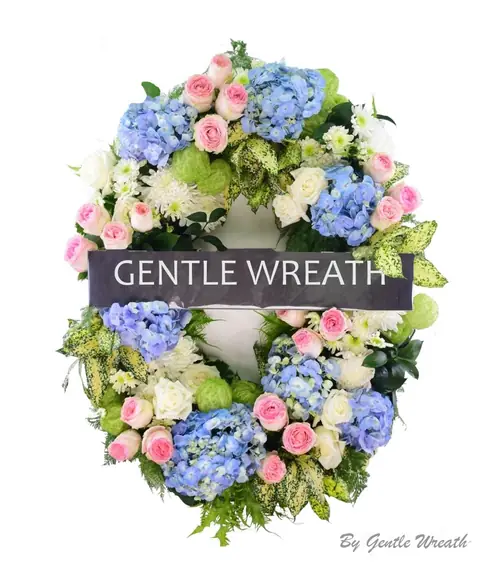 พวงหรีดโทนฟ้าชมพู ไฮเดรนเยีย กุหลาบ GW038